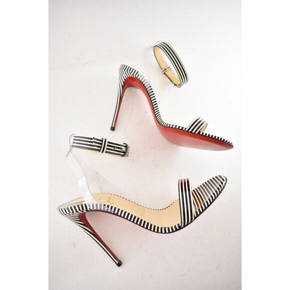 Christian Louboutin Jonatina 100 Black White Stripes Patent Sandal Heel Pump 37 - Picture 4 of 12
